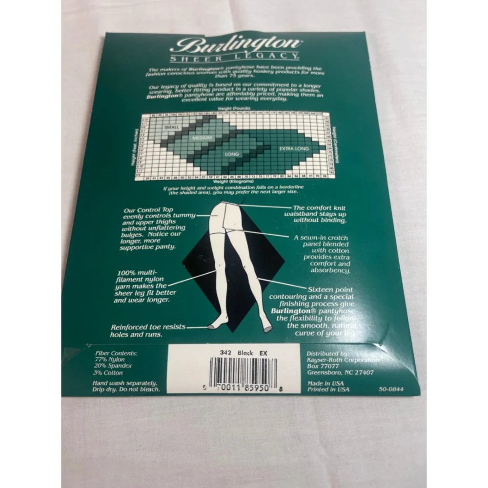 Burlington Sheer Legacy Pantyhose Extra Long Black T48 Tummy Hip Control 342